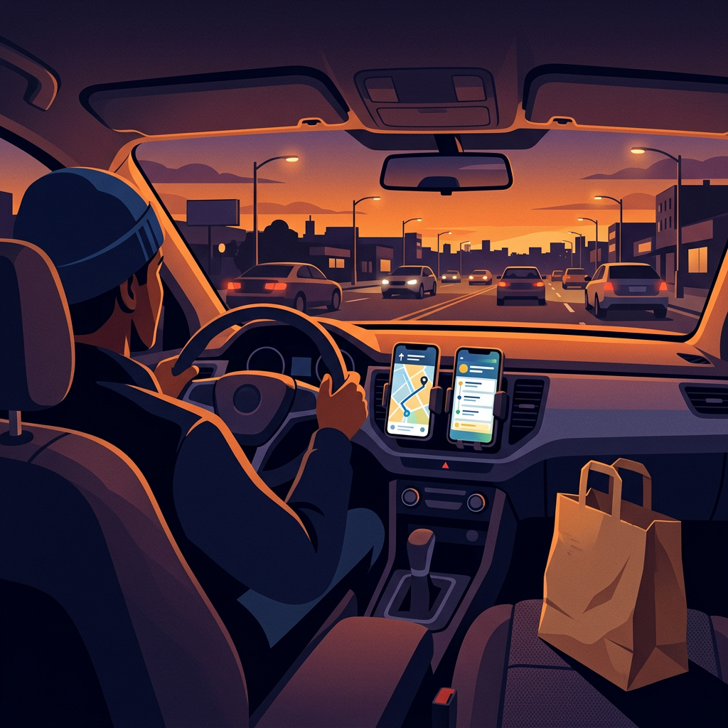 Illustration of a delivery driver at the wheel at dusk, two phones on the dashboard and a takeout bag on the passenger seat
