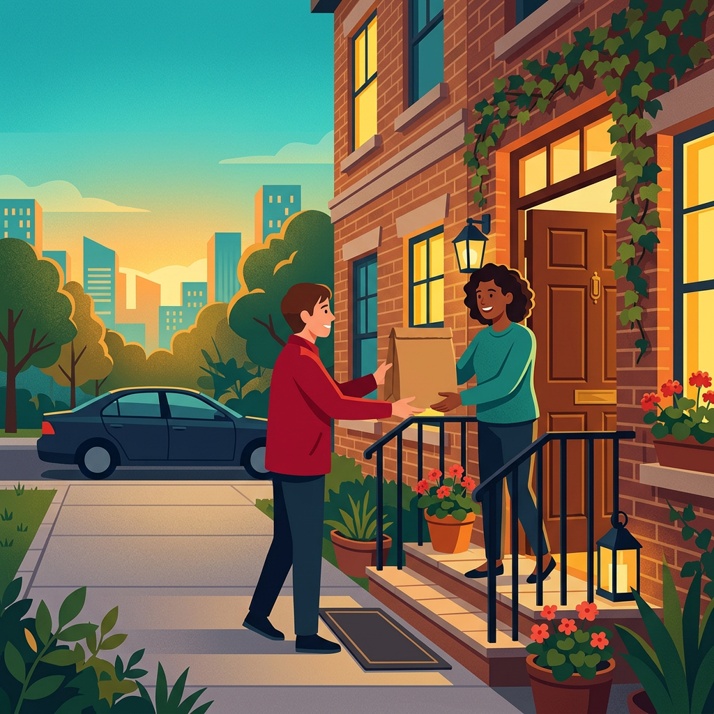 Illustration of a delivery driver handing a paper bag to a customer at the door of a brick townhouse at dusk