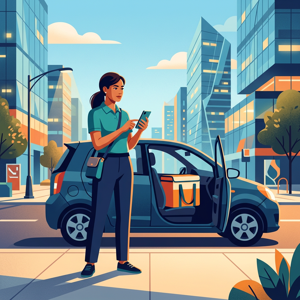 Illustration of a delivery driver checking her phone beside her car on a sunny city street